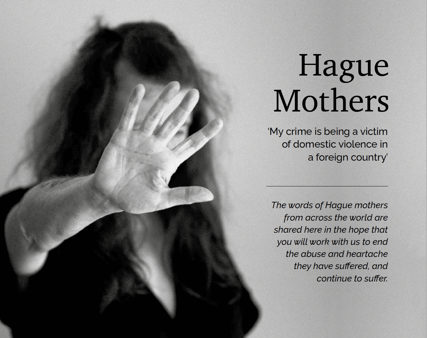 Detail of front cover shows a woman with her hand outstretched in defence. The title of the book reads Hague Mothers.